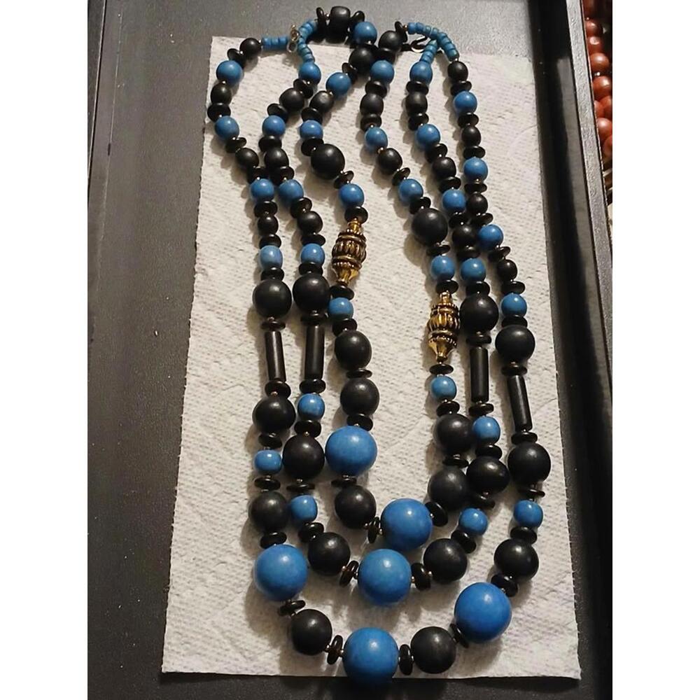 Triple Strand Vintage Wood Bead Necklace